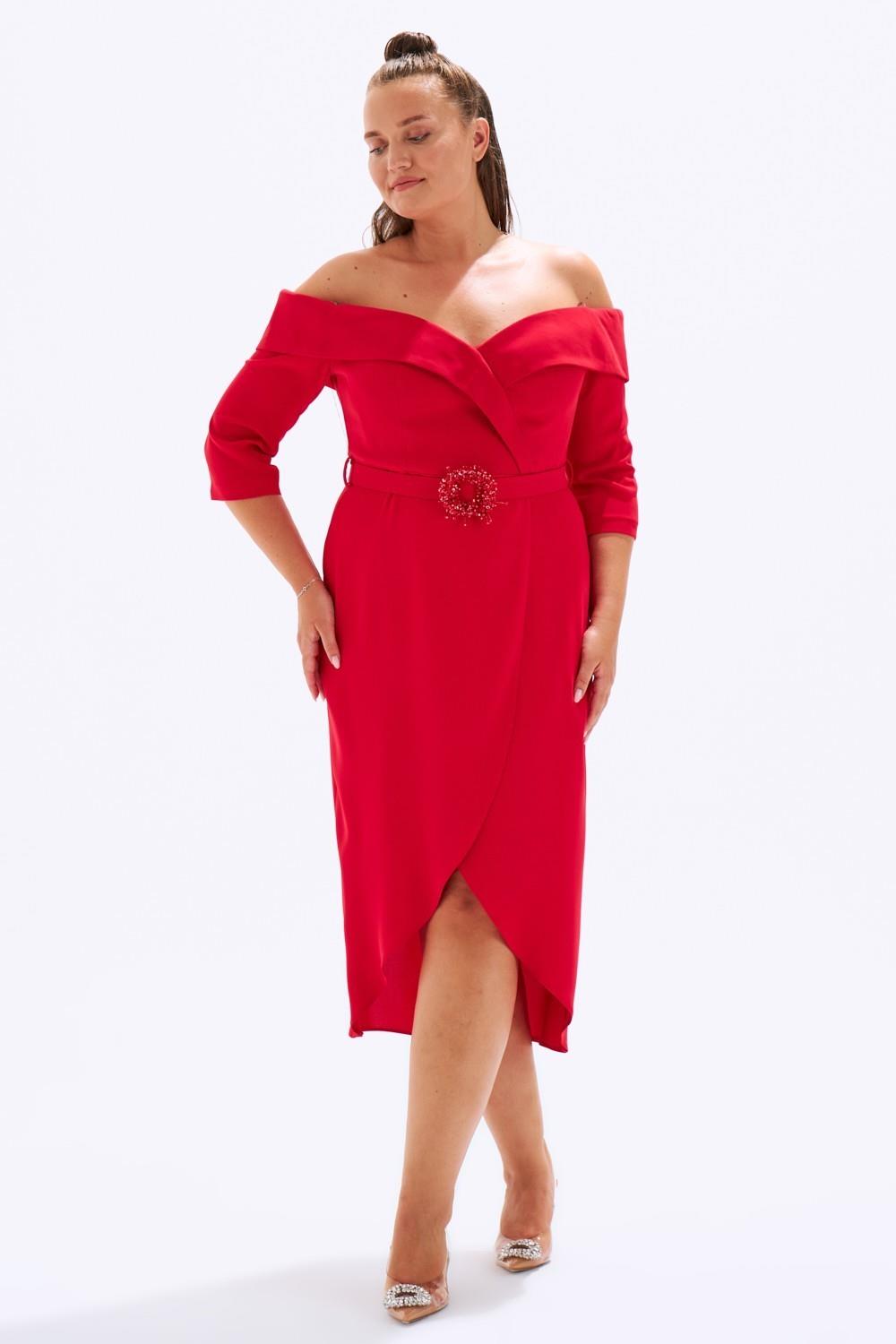 Off-Shoulder & Belted Plus Size Evening Dress - 6006C