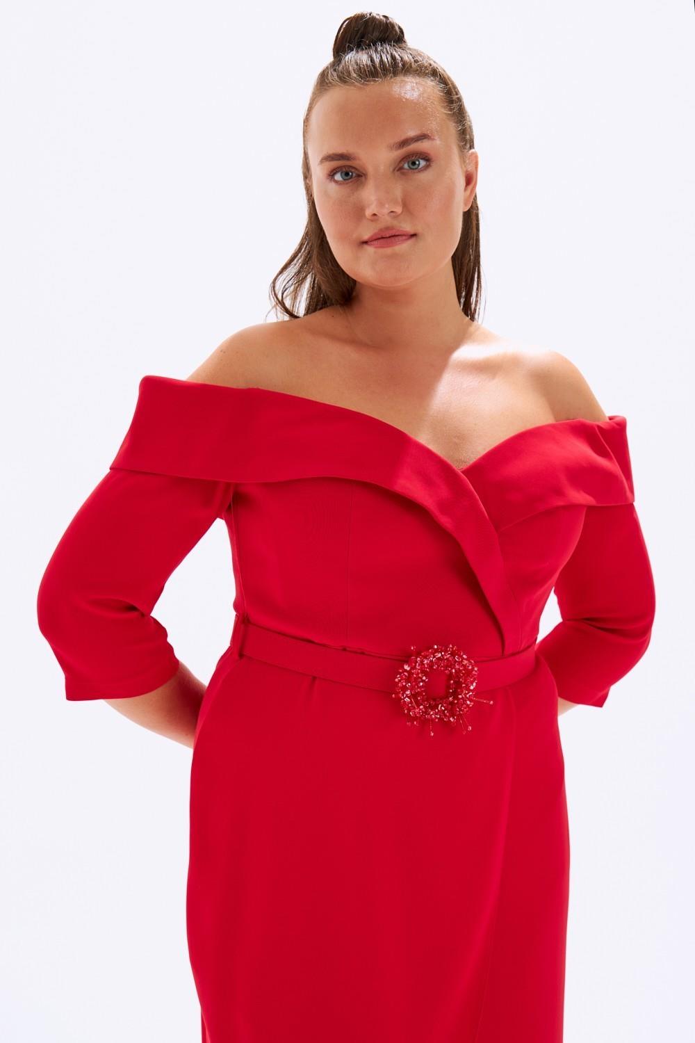 Off-Shoulder & Belted Plus Size Evening Dress