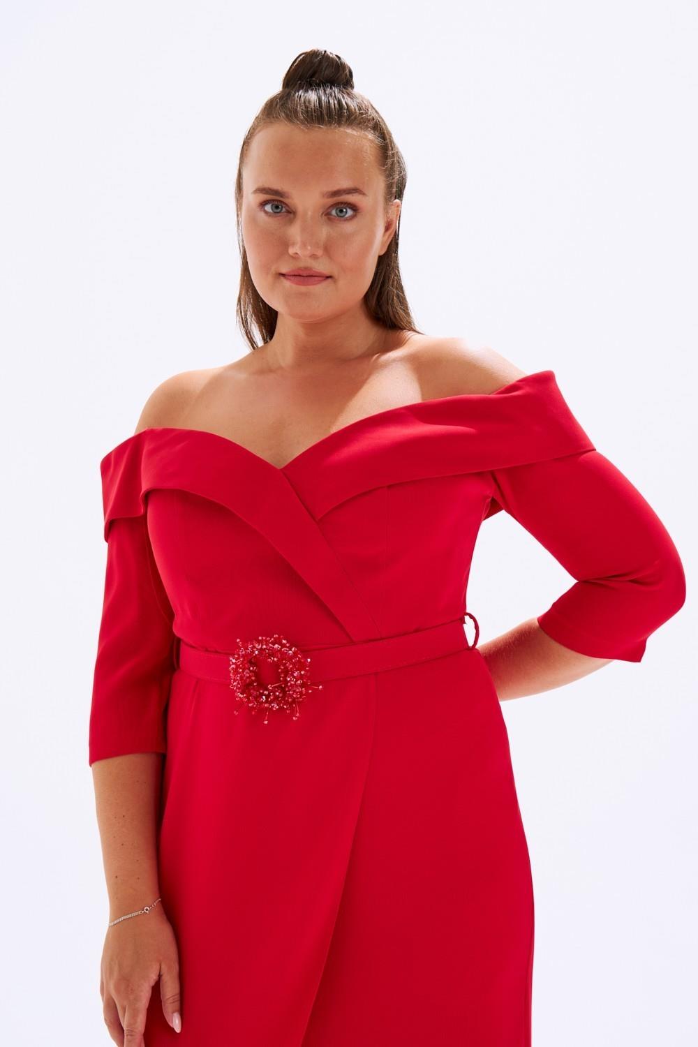 Off-Shoulder & Belted Plus Size Evening Dress