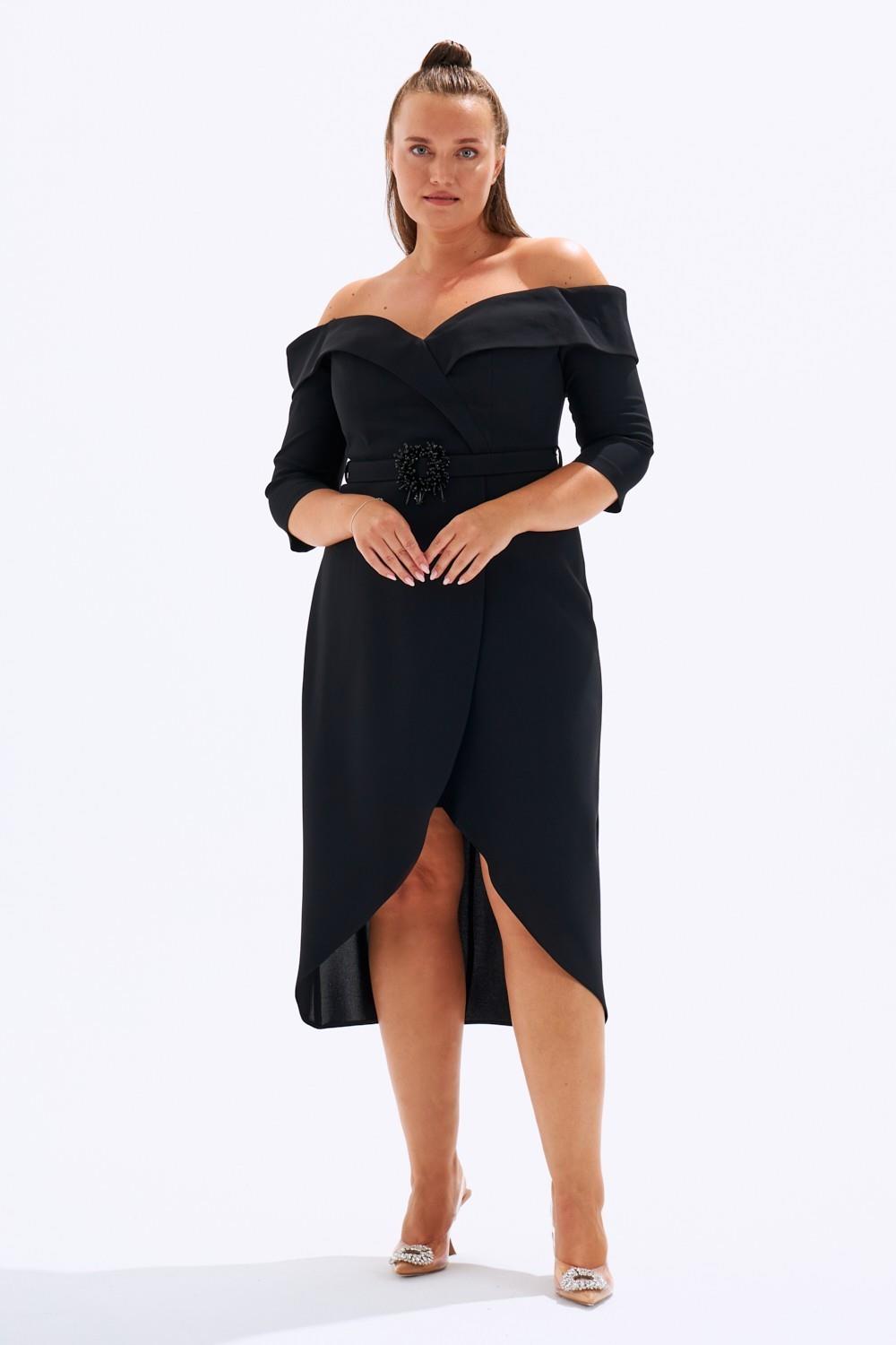 Off-Shoulder & Belted Plus Size Evening Dress - 6006C