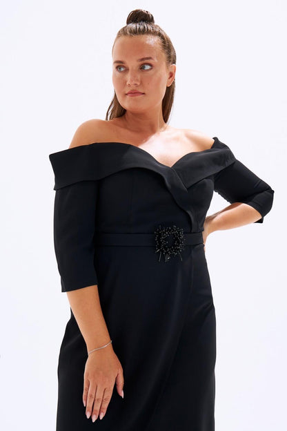 Off-Shoulder & Belted Plus Size Evening Dress - 6006C