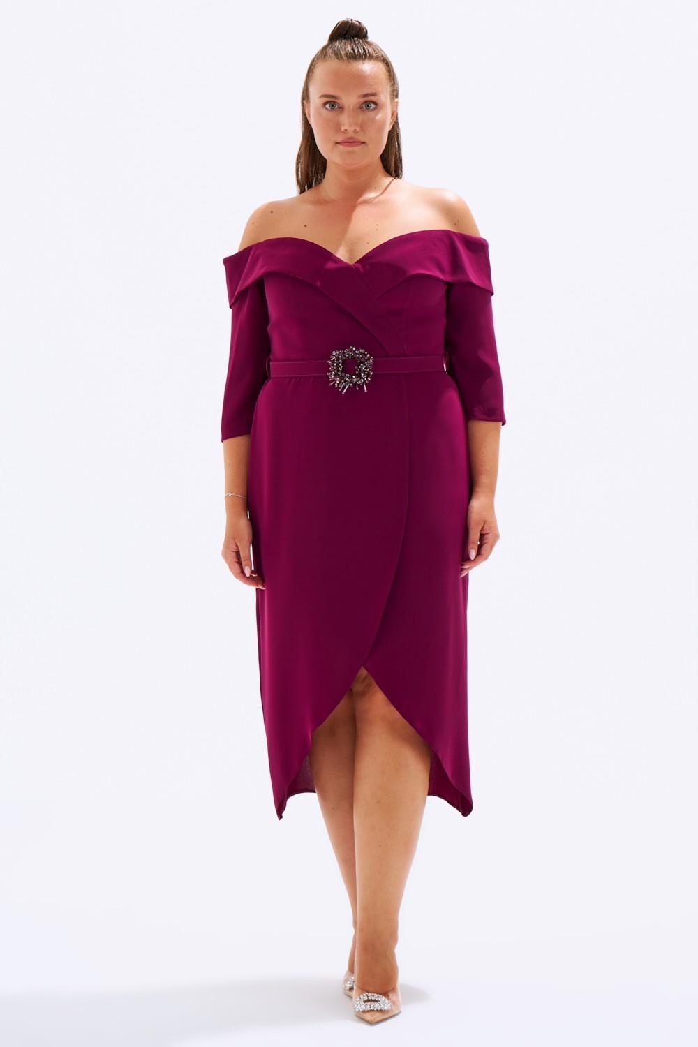 Off-Shoulder & Belted Plus Size Evening Dress