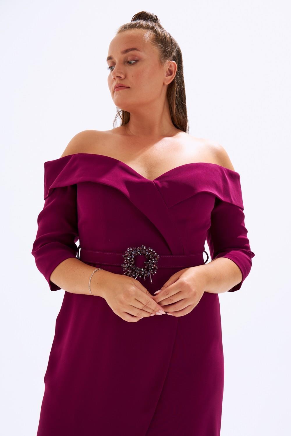 Off-Shoulder & Belted Plus Size Evening Dress