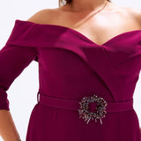 Off-Shoulder & Belted Plus Size Evening Dress