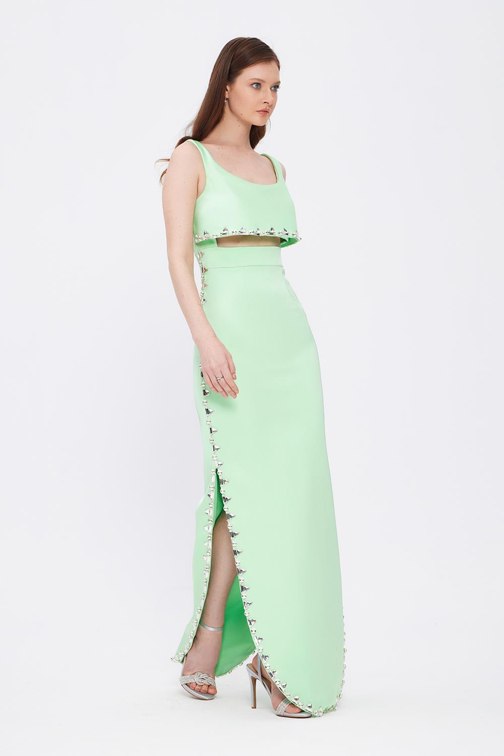 Stone Embroidered Strappy Long Evening Dress with Slits