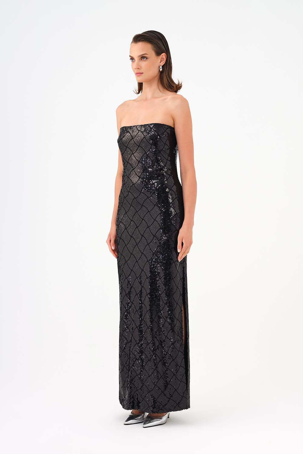 Rhinestone Sequined Strapless Long Evening Dress