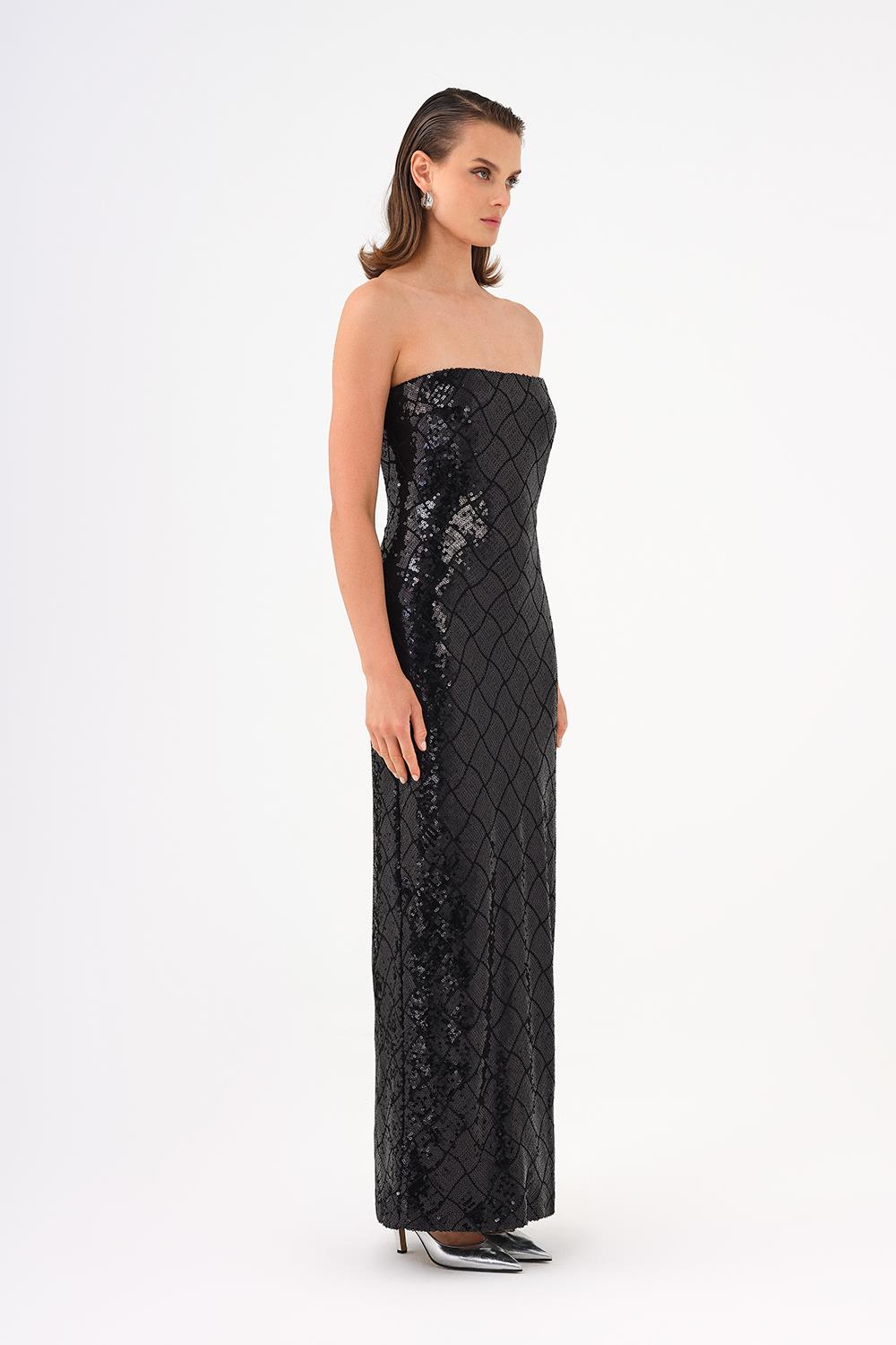 Rhinestone Sequined Strapless Long Evening Dress