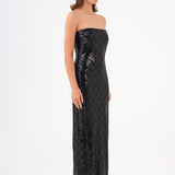 Rhinestone Sequined Strapless Long Evening Dress