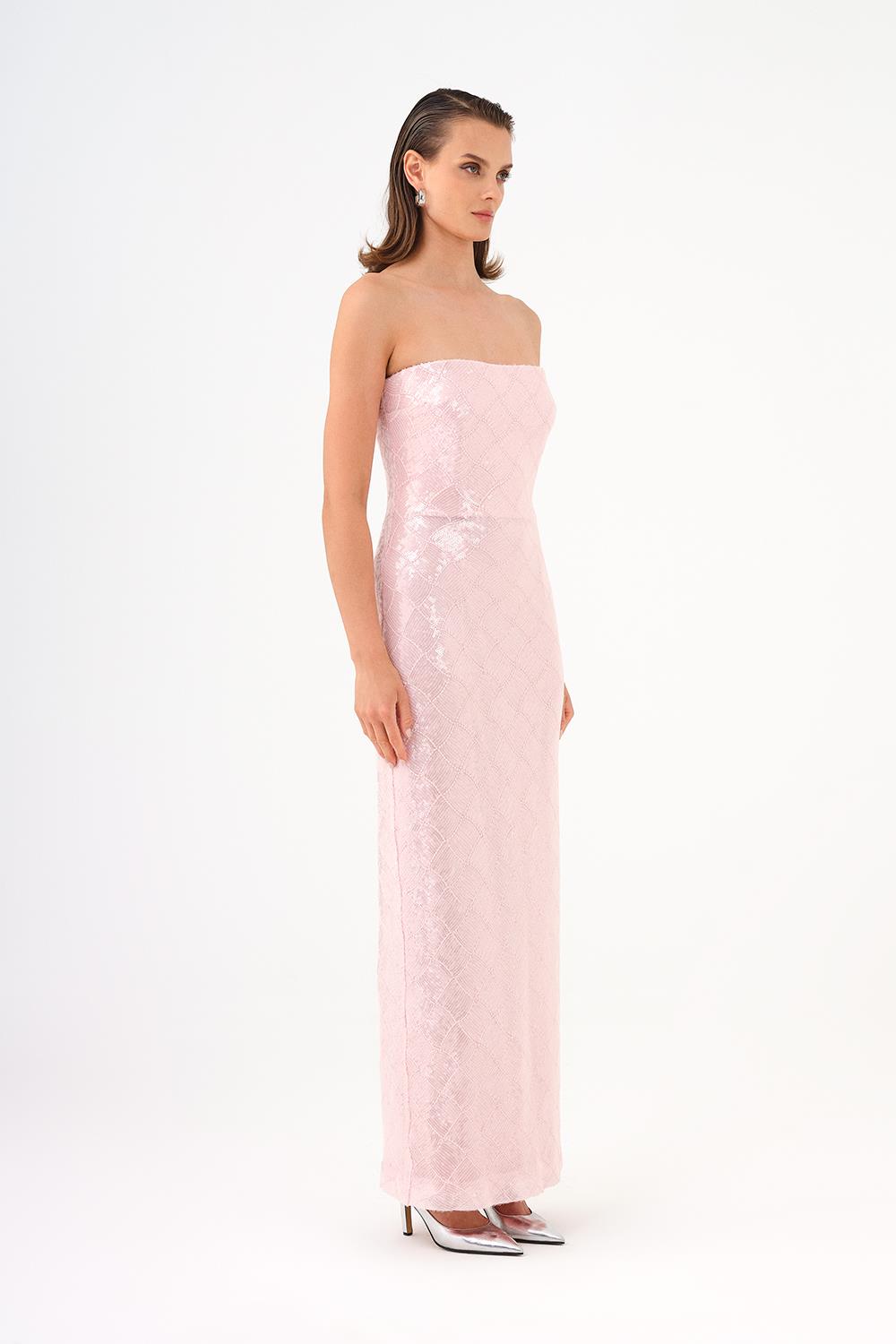 Rhinestone Sequined Strapless Long Evening Dress