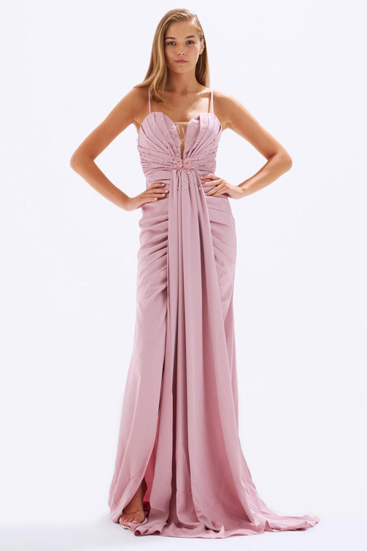 Rope Strappy Embroidered Slit Long Evening Dress - 4016C