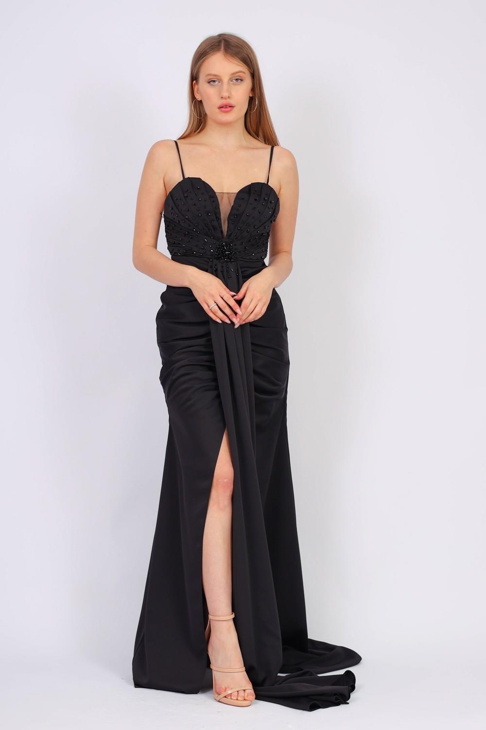 Rope Strappy Embroidered Slit Long Evening Dress