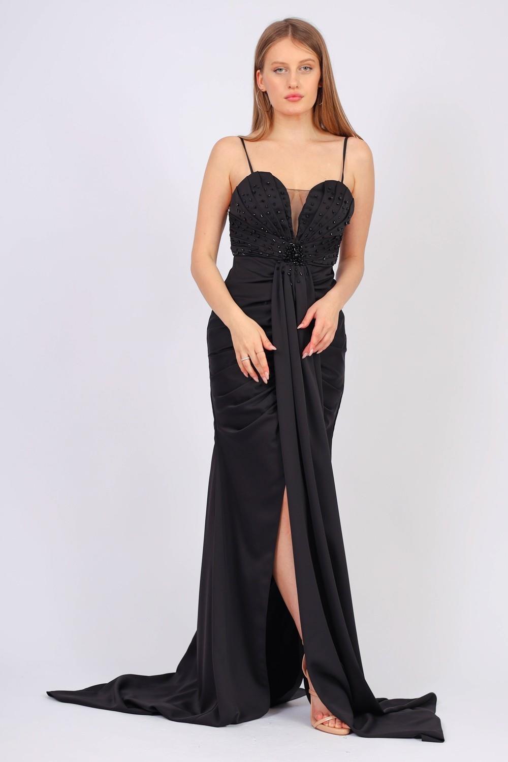 Rope Strappy Embroidered Slit Long Evening Dress