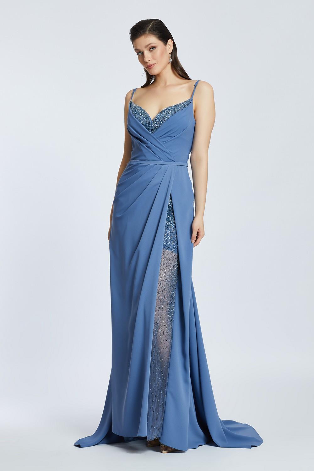 Rope Straps Draped Embroidered Evening Dress With Slits