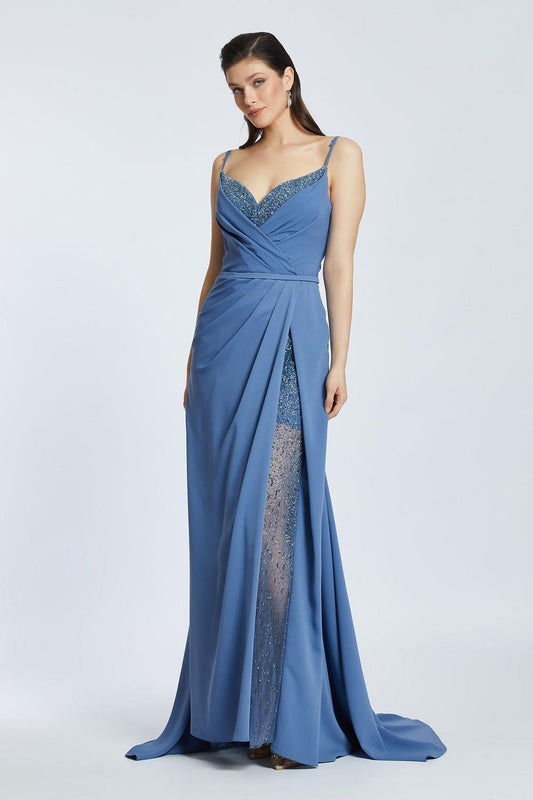 Rope Straps Draped Embroidered Evening Dress With Slits - 2016