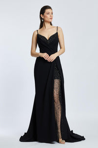 Rope Straps Draped Embroidered Evening Dress With Slits