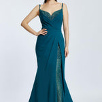 Rope Straps Draped Embroidered Evening Dress With Slits