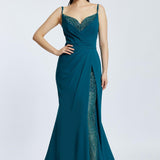 Rope Straps Draped Embroidered Evening Dress With Slits