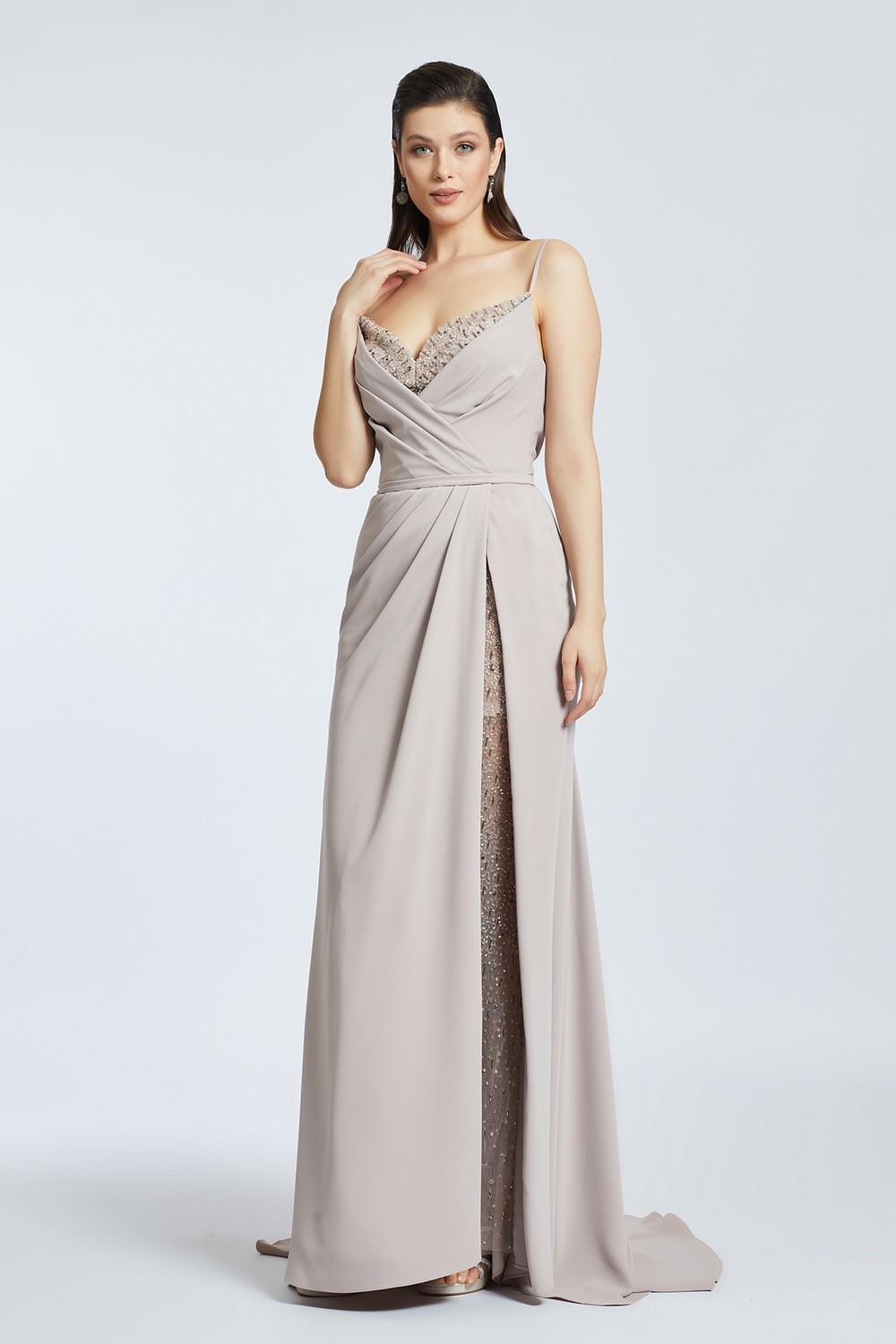 Rope Straps Draped Embroidered Evening Dress With Slits