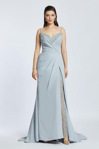 Rope Straps Draped Embroidered Evening Dress With Slits