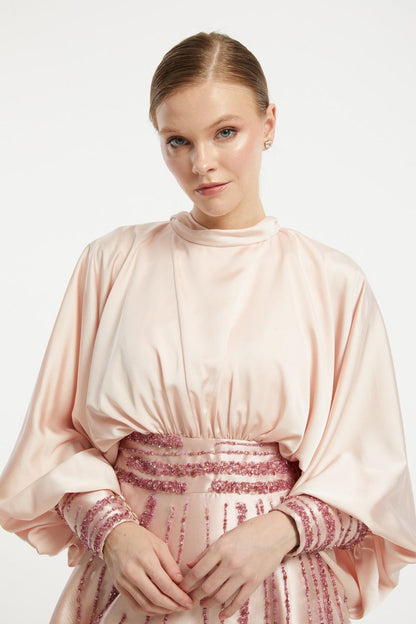 Satin Top Embroidered Mikado Skirt Veiling Dress - 2009C