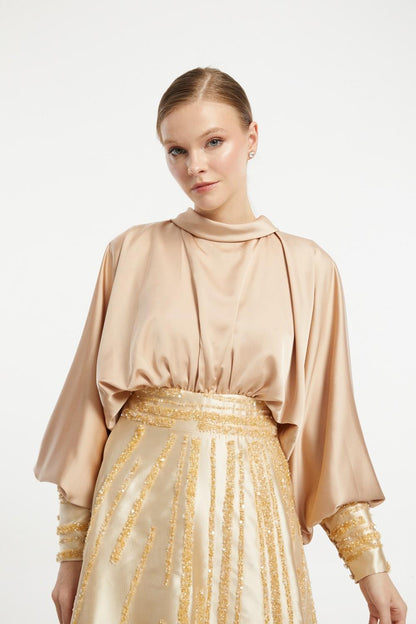 Satin Top Embroidered Mikado Skirt Veiling Dress - 2009C