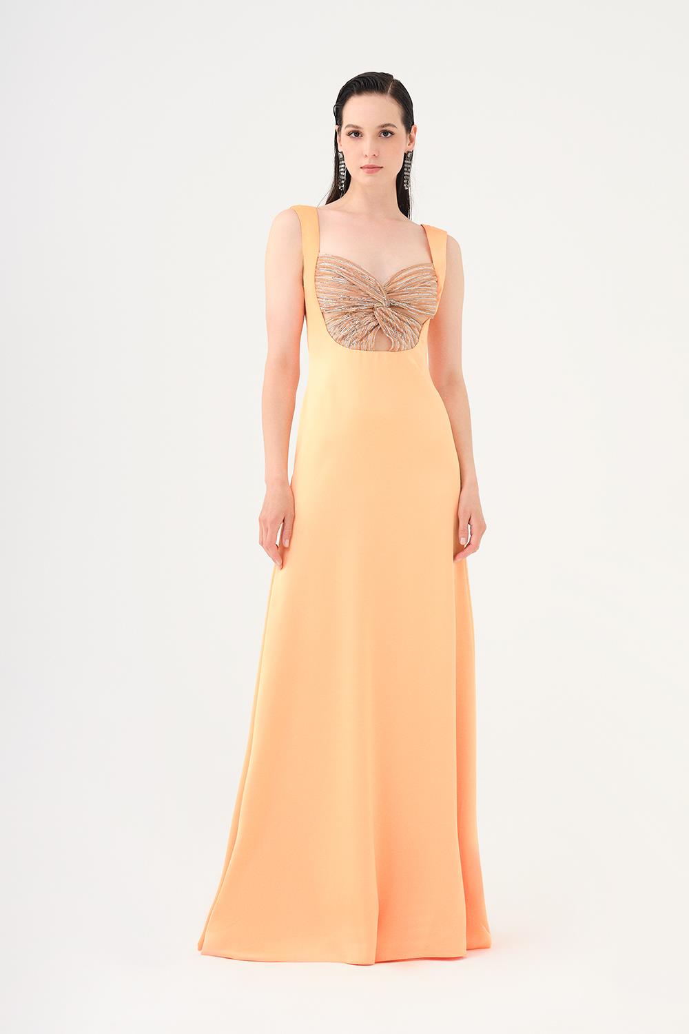 Sequin Detailed Strappy Heart Neck Long Evening Dress