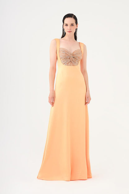 Sequin Detailed Strappy Heart Neck Long Evening Dress