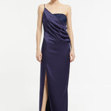 Sequin Top Satin Slit Evening Dress