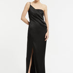 Sequin Top Satin Slit Evening Dress