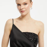 Sequin Top Satin Slit Evening Dress