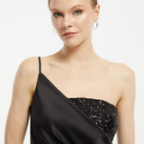 Sequin Top Satin Slit Evening Dress