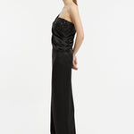 Sequin Top Satin Slit Evening Dress