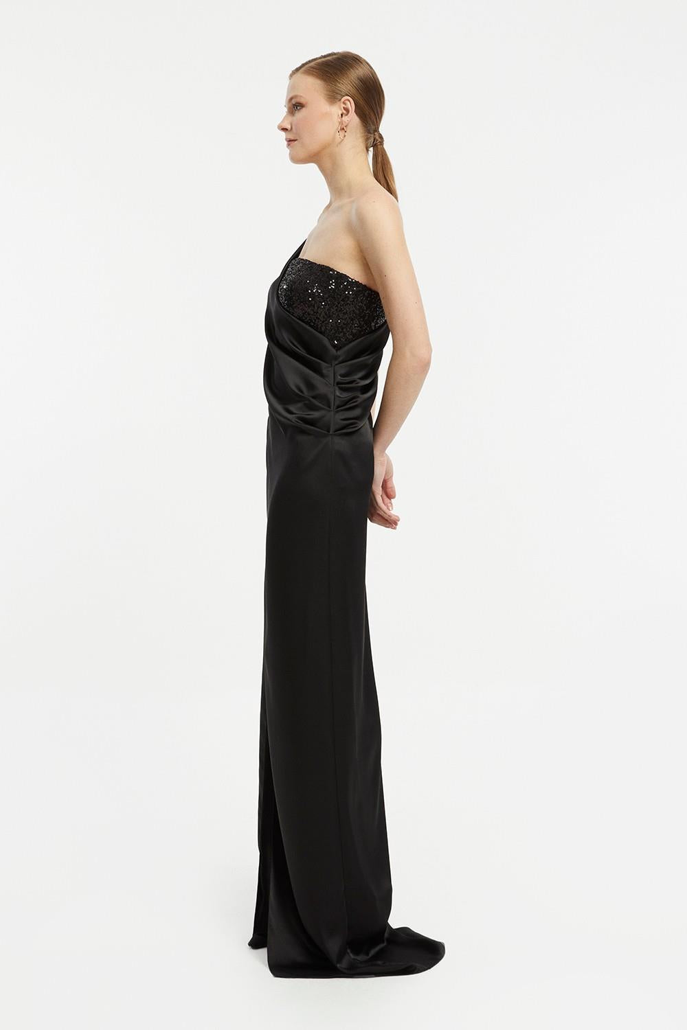 Sequin Top Satin Slit Evening Dress