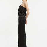 Sequin Top Satin Slit Evening Dress