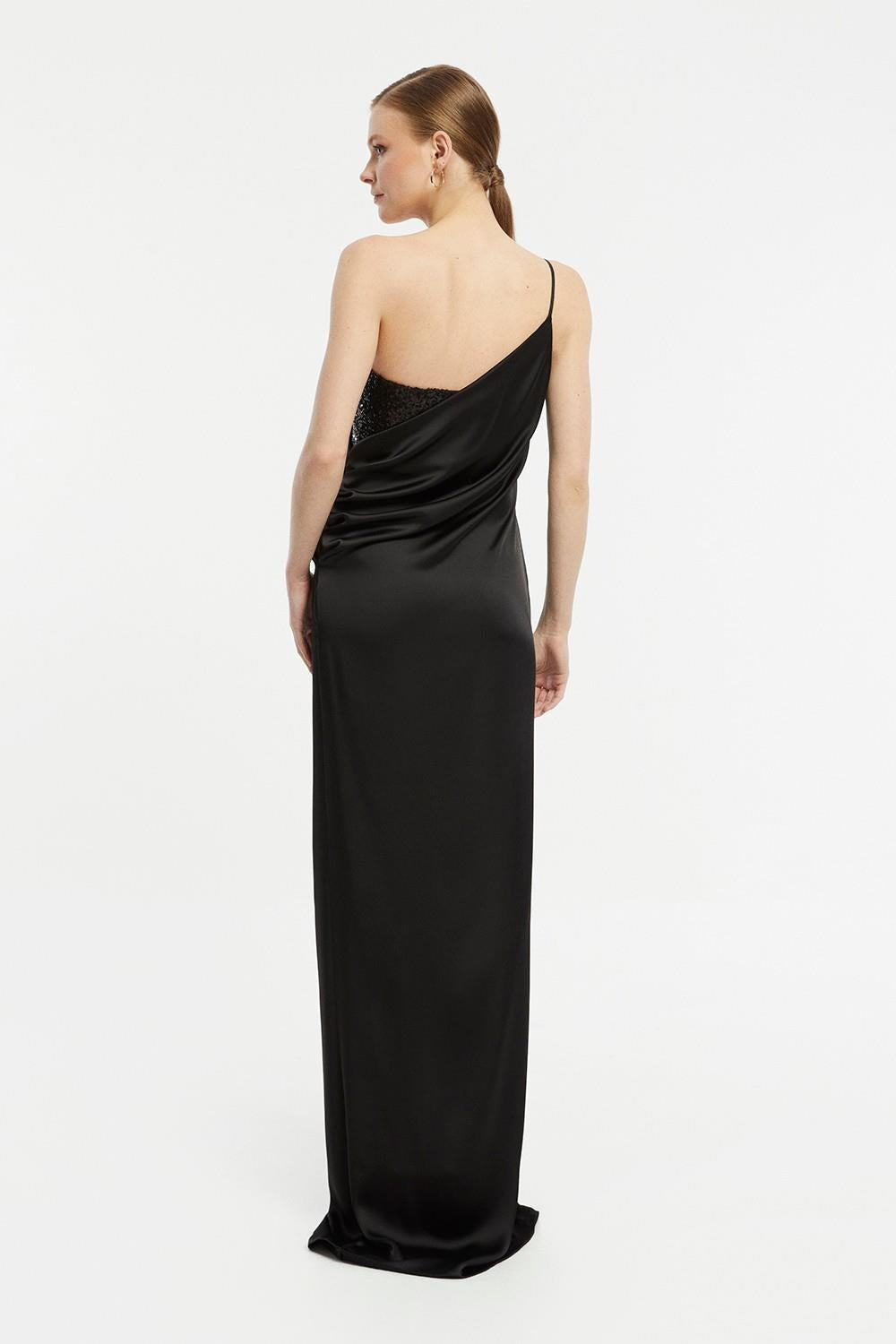 Sequin Top Satin Slit Evening Dress