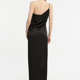 Sequin Top Satin Slit Evening Dress