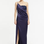 Sequin Top Satin Slit Evening Dress