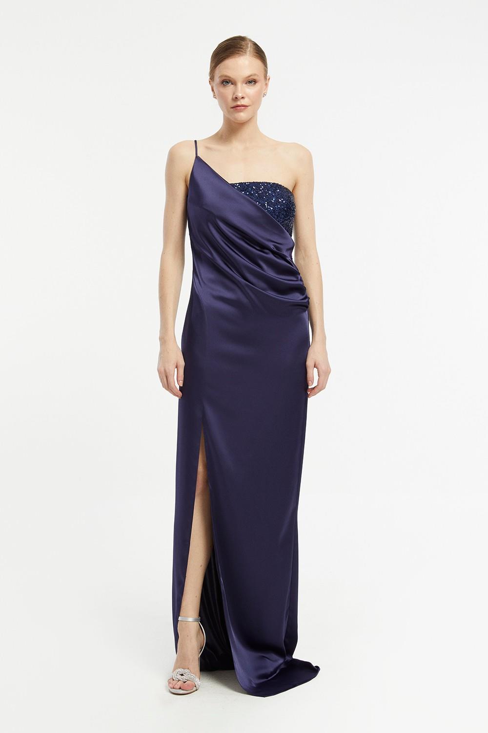 Sequin Top Satin Slit Evening Dress