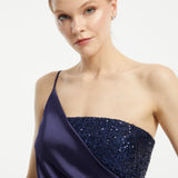 Sequin Top Satin Slit Evening Dress