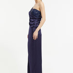 Sequin Top Satin Slit Evening Dress