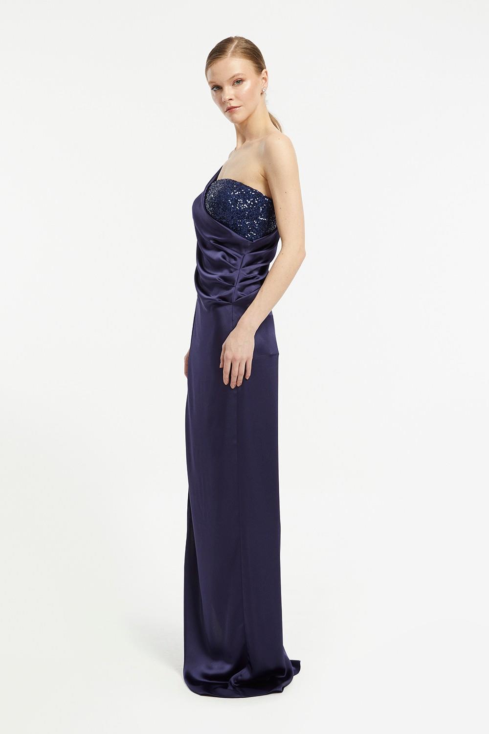 Sequin Top Satin Slit Evening Dress