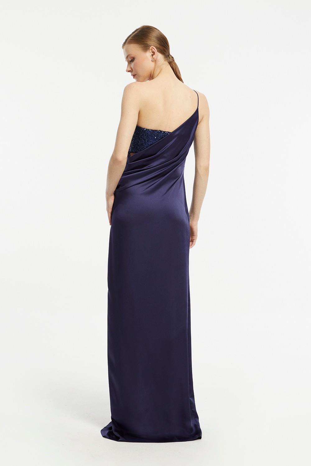 Sequin Top Satin Slit Evening Dress