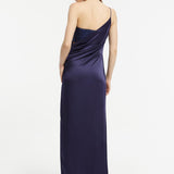 Sequin Top Satin Slit Evening Dress