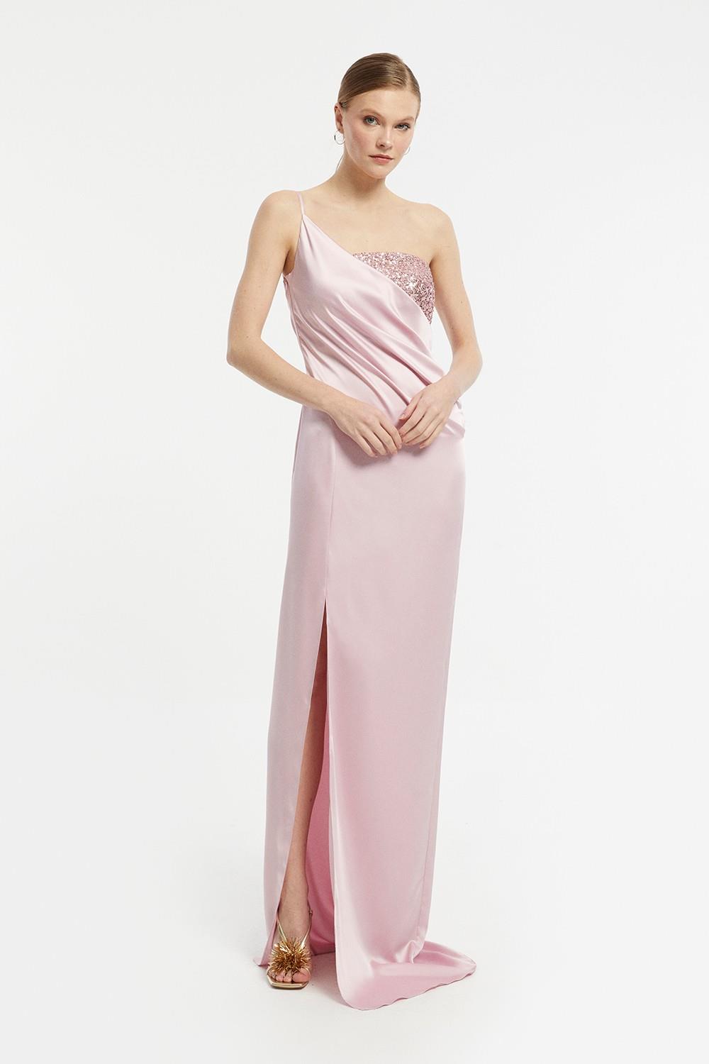 Sequin Top Satin Slit Evening Dress