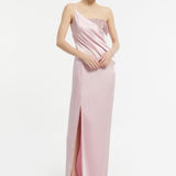 Sequin Top Satin Slit Evening Dress