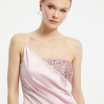 Sequin Top Satin Slit Evening Dress