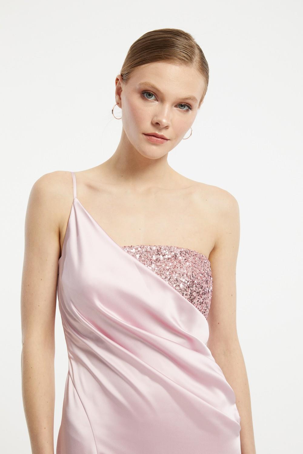 Sequin Top Satin Slit Evening Dress