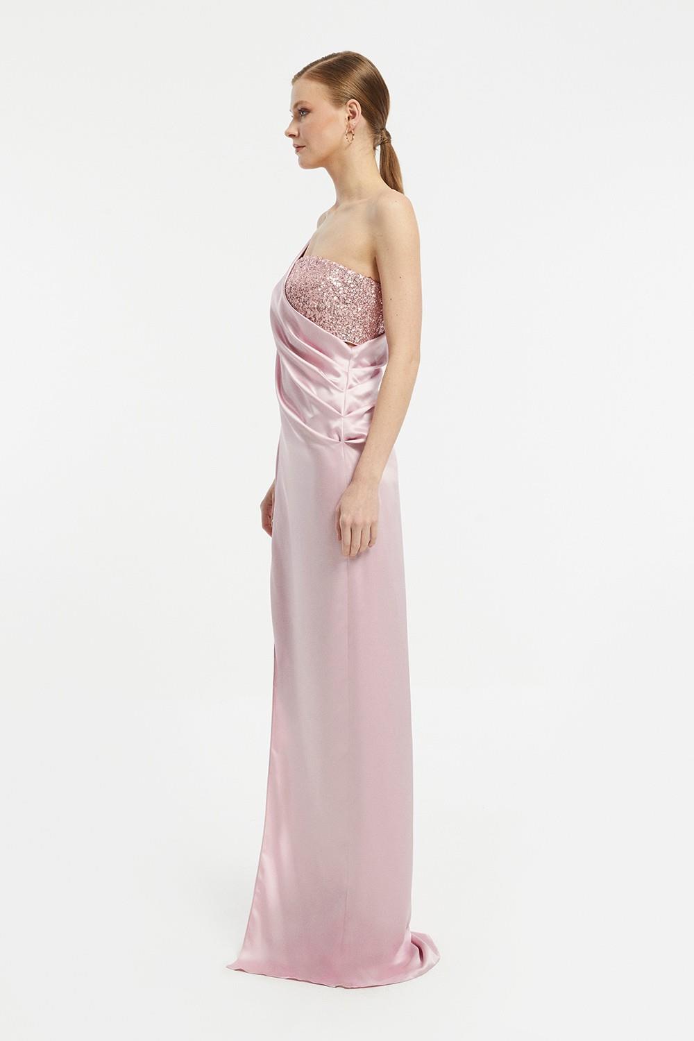 Sequin Top Satin Slit Evening Dress