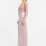 Sequin Top Satin Slit Evening Dress