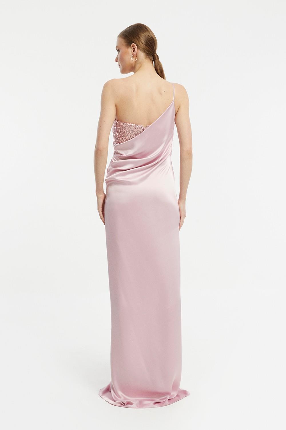 Sequin Top Satin Slit Evening Dress